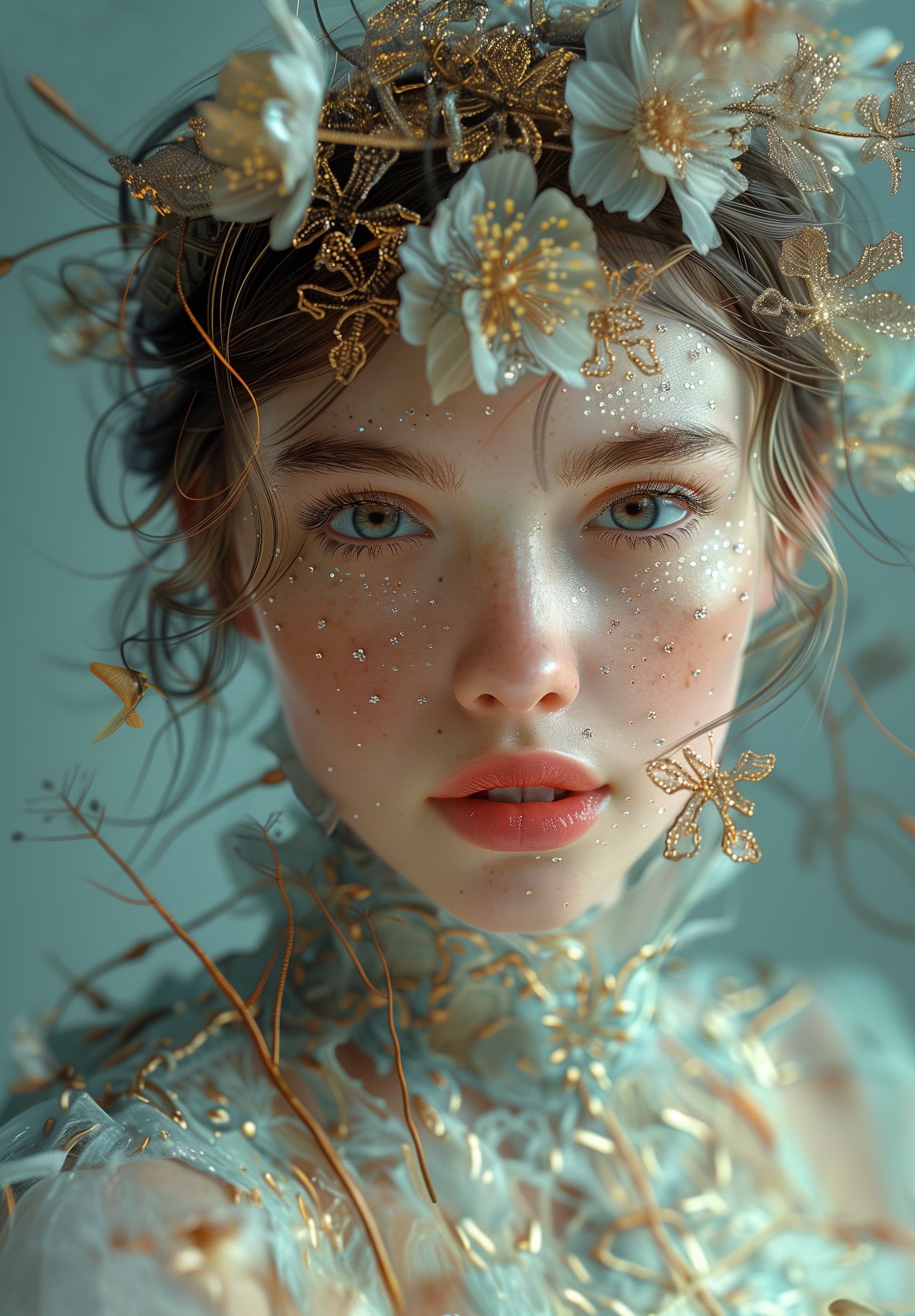 AI generated: Alphonse Much and Guweiz Intricate details:: very realistic Waxwing,photorealistic photo young femal...