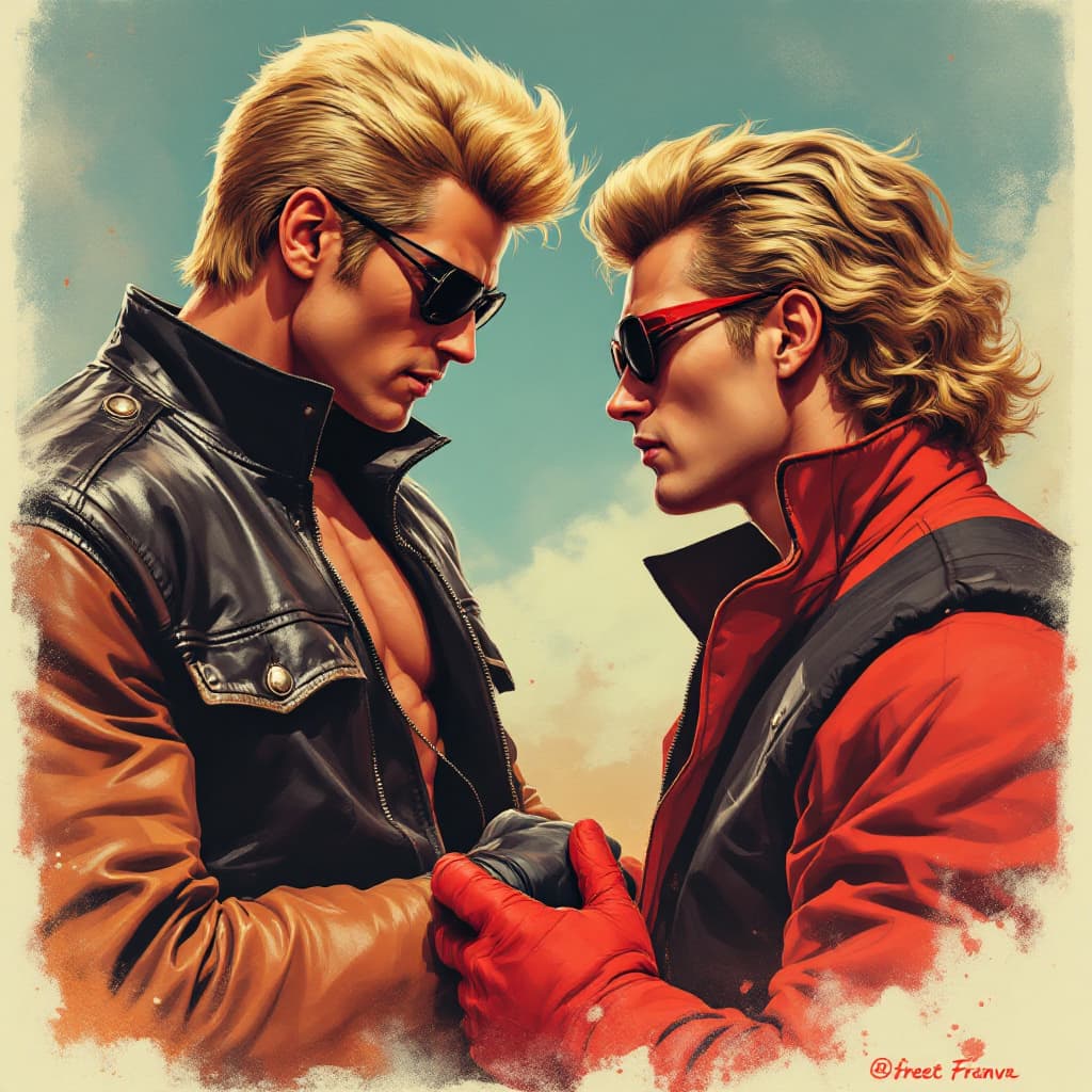 AI generated: johnny bravo with his 50's style blonde greaser hairdo and leather jacket  and black rayban like sun...