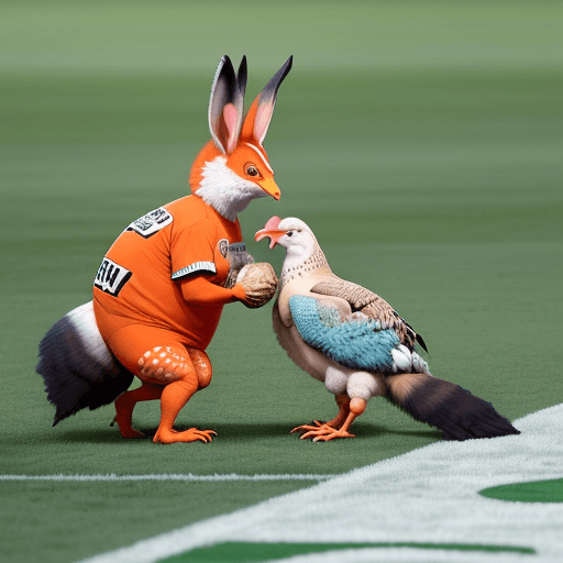 AI generated: raposa comendo galinha com o nume 6x1 atras em um placar gigante, raposa maior que a galinha, galinh...