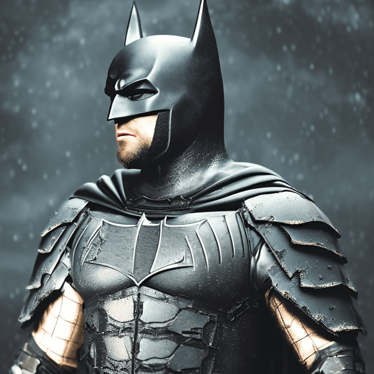AI generated: batman wearing battle damaged armor| brown beard | blue eyes | its a dark rainy night| epic fight sc...