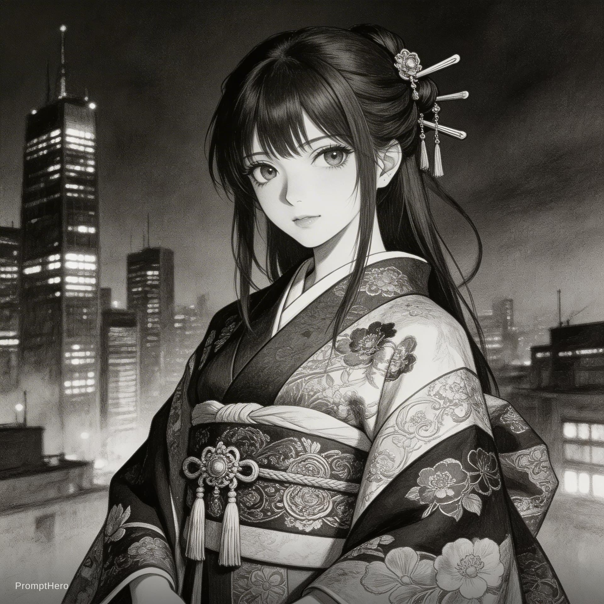 AI generated: anime girl print on paper, in the style of kerem beyit, elaborate kimono, city portraits, john blanc...