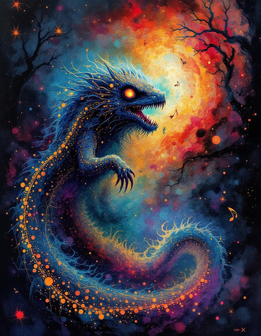 AI generated: classic oil painting style, eerie atmosphere. Full-length 3D HDR black light poster illustration, vi...