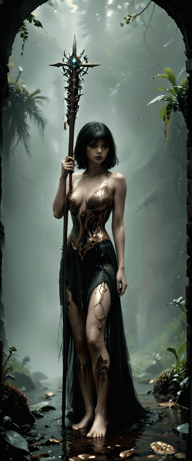 AI generated: dark, night, dark sky, outdoors, woman, golden staff, long silky flowing black hair, golden crop top...