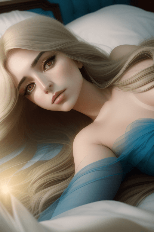 AI generated: a woman with long hair laying in bed, in the style of yigal ozeri, anamorphic lens flare, bella kota...
