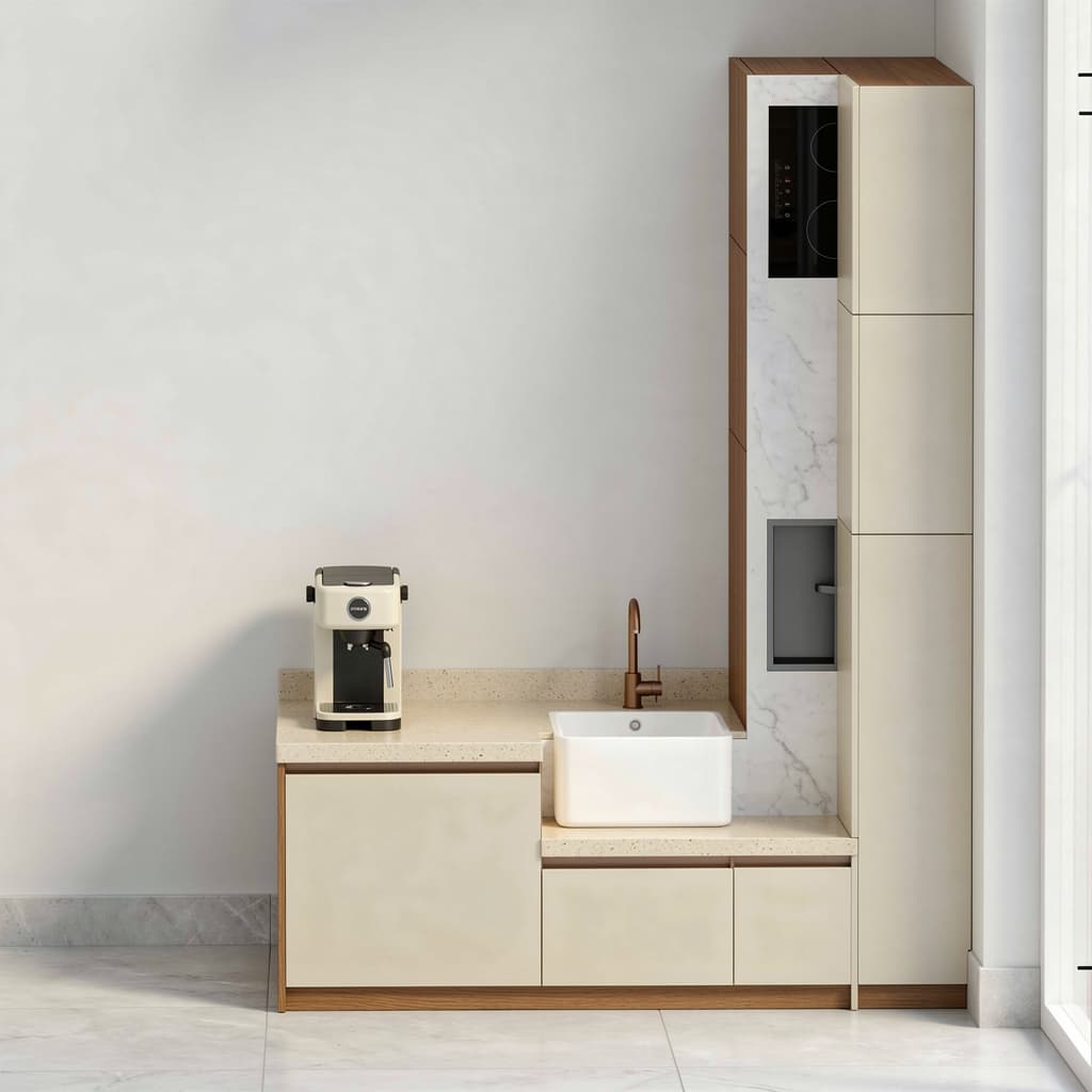 AI generated: modern kitchen, sleek eggshell light beige finishes, with a beige and wood, white marble, EF 24mm f/...