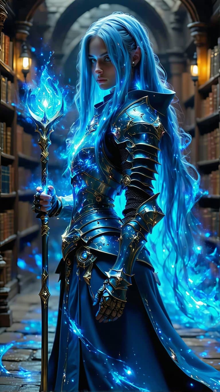 AI generated: Dynamic angle, full body view, realistic, female time mage, long, flowing blue hair, chronomantic ar...
