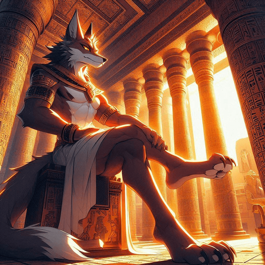 AI generated: Cinematic anime photo of a jackal king holding his legs in an ancient Egyptian palace, the towering ...