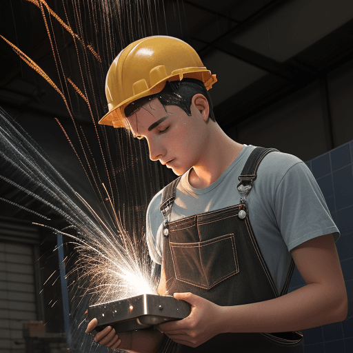 AI generated: a young worker in overalls at a diamond machining machine background a shower of sparks