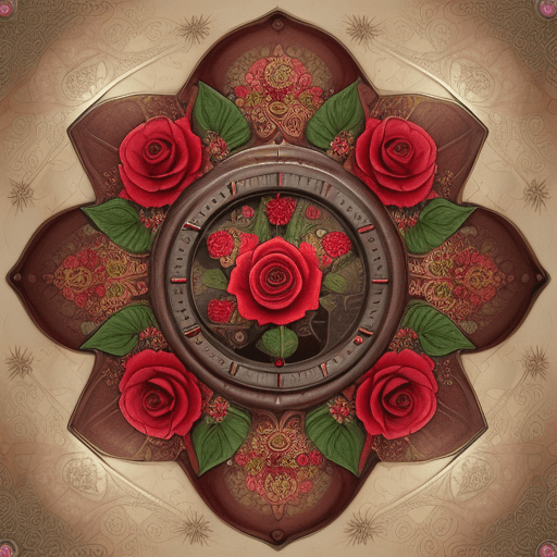 AI generated: A vibrant botanical steampunk illustration realistic red rose, symmetrical, style of William Morris,...
