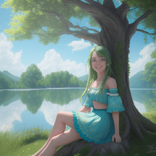 AI generated: girl smile looking at the horizon sitting on the epic tree in the background, clouds bright, tree gr...