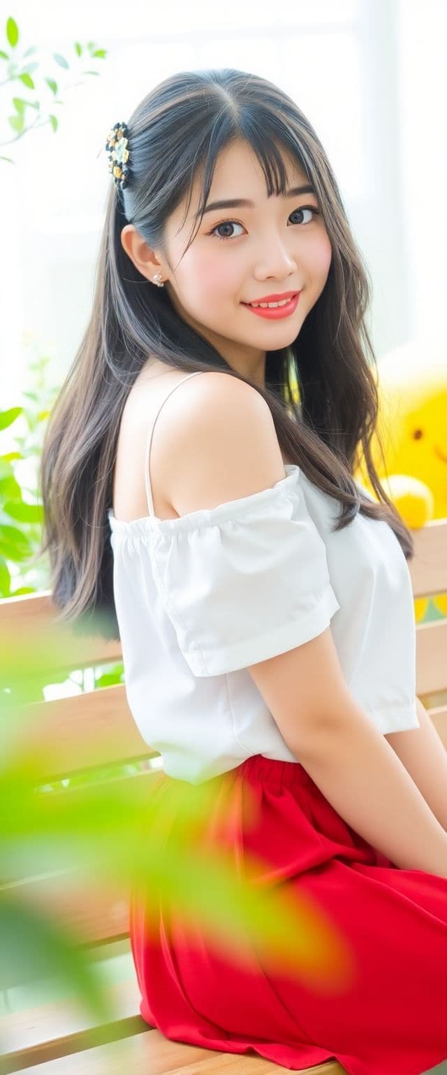 AI generated: a woman Koren girl , Koren ulzzang face, sitting in a bench the arms on knee back, black hair, hair ...