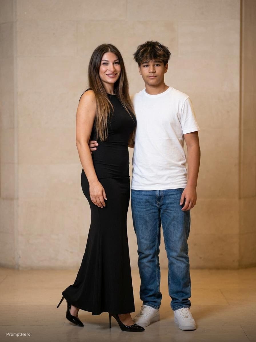 AI generated: Me in long black elegant dress tall with black elegant heels my son in a jeans ans white t shirt and...