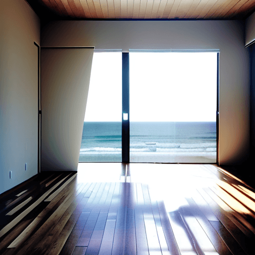 AI generated: Image of a completely empty room with a wood floor looking away from the viewer towards a single flo...