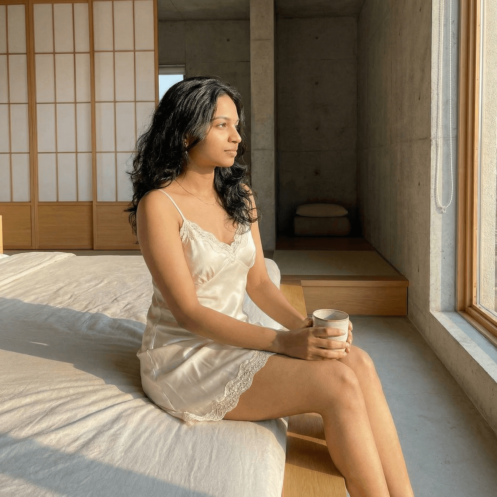 AI generated: In a tranquil minimalist bedroom, a poised woman sits on a low modern platform bed, serene and self ...