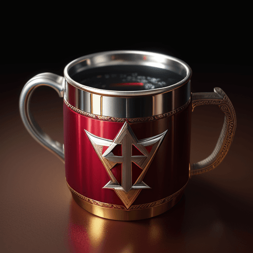 AI generated: Mug on the table with the design and character of thor  The Mug is gold and red dark, no watermark,n...
