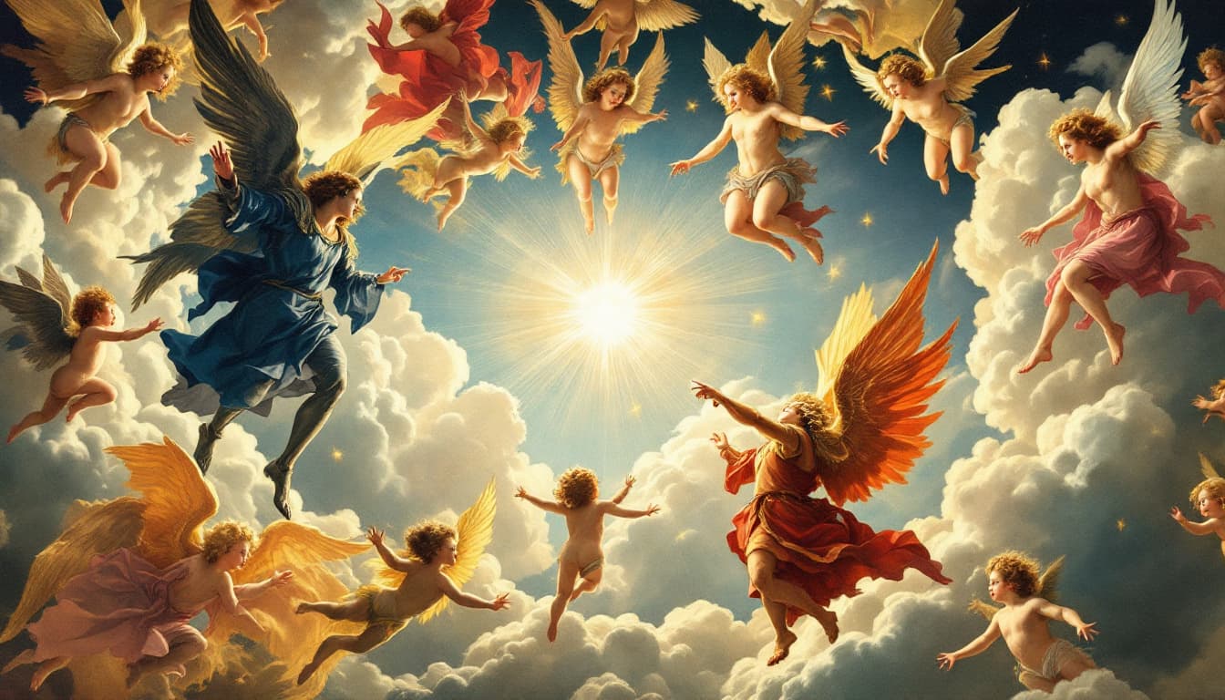 AI generated: Please create a masterpiece wide mural for a church ceiling, in renaissance style. a battle between ...