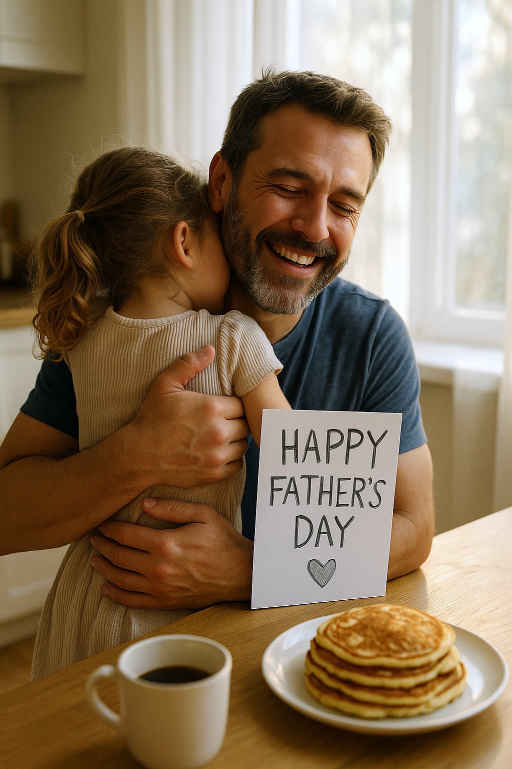 AI generated: A hyper-realistic photograph of a father and young daughter hugging tightly in a sunlit kitchen on F...