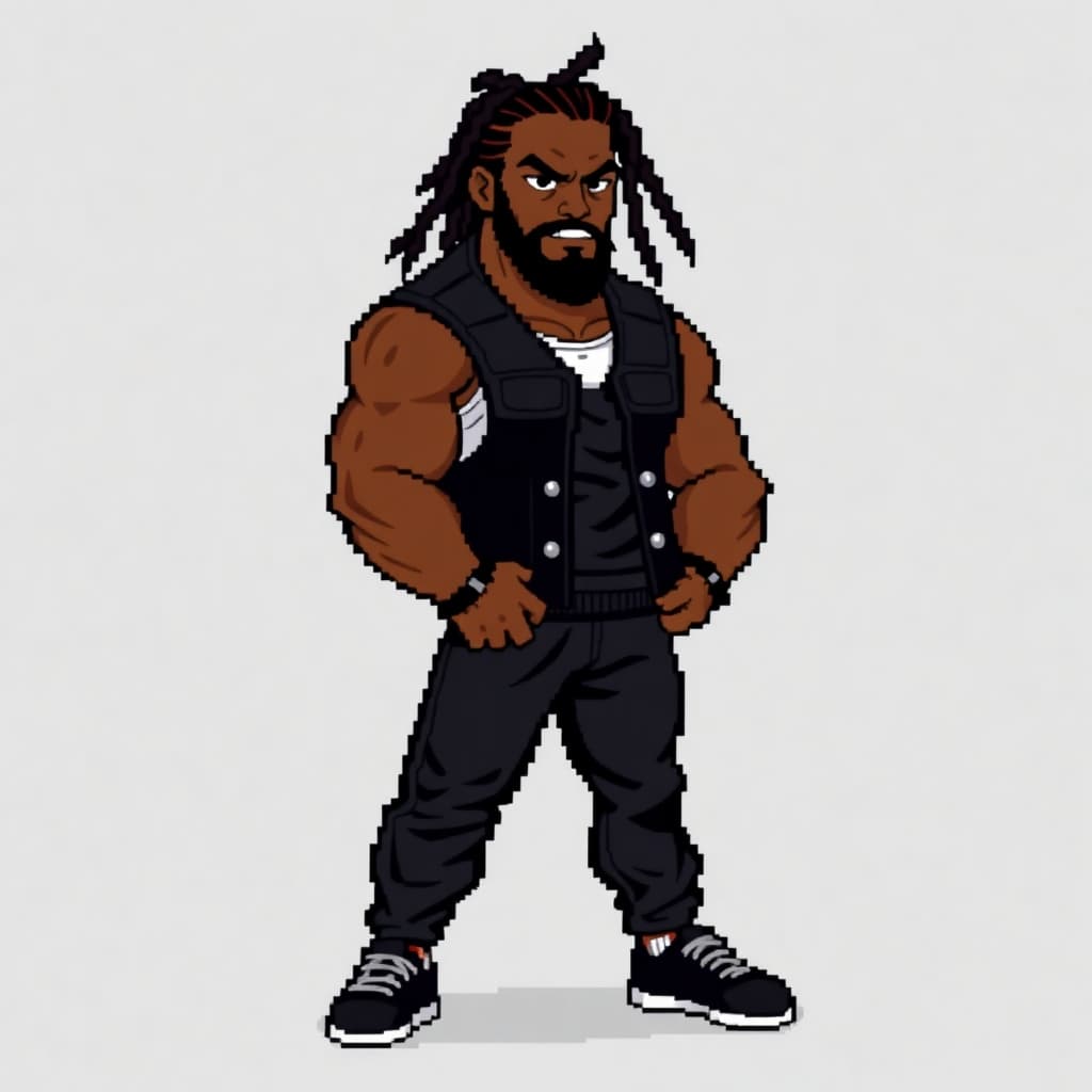 AI generated:  pixelated art style from the NES era  of a black male with an Espresso skin tone with  locs in a po...