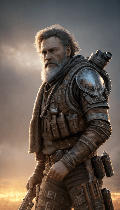 AI generated: 8k, post-apocalyptic, holding a rifle, Sword on back, armed, Murderer, Bad guy, ((extreme close up:1...
