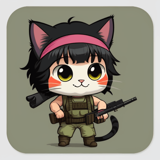 AI generated: cat with gun and john rambo headband, cute, sticker