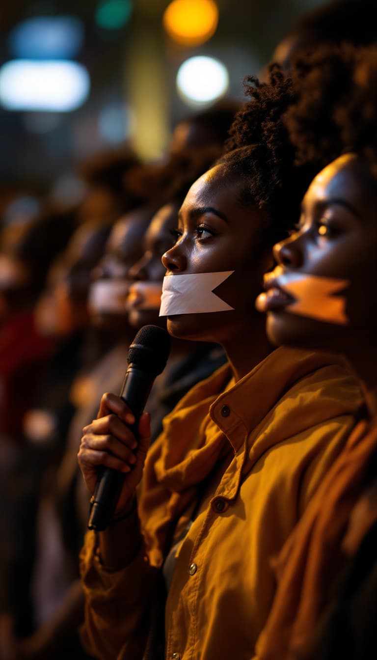 AI generated: A diverse group of plaestine people standing in silence with tape over their mouths, one person remo...