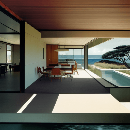 AI generated: Hyper realistic eye level exterior photo of a mid century modern style house overlooking the ocean, ...