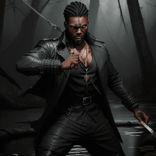 AI generated: A black man, angry swinging sword, combat pose, teeth bared, with short fade and line in hair, in a ...