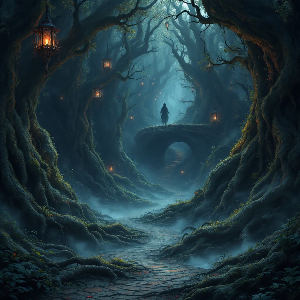 AI generated: a mystical, ancient labyrinth shrouded in an enchanting, mystical forest, with an air of foreboding ...
