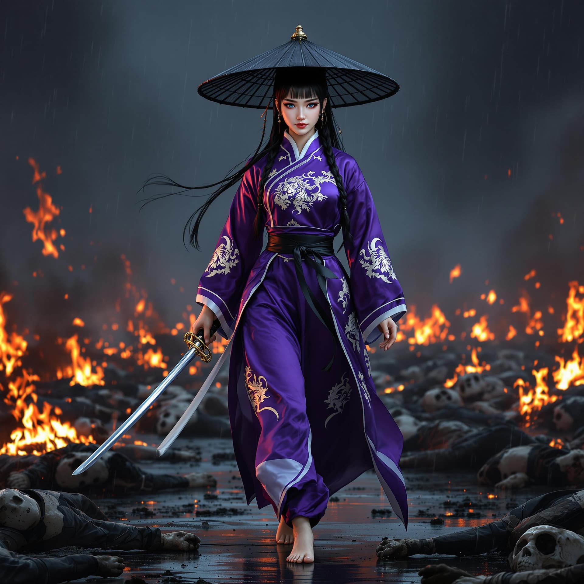 AI generated: HD hyper realistic zoomed out photo of a Chinese female warrior. She is walking toward the camera, s...