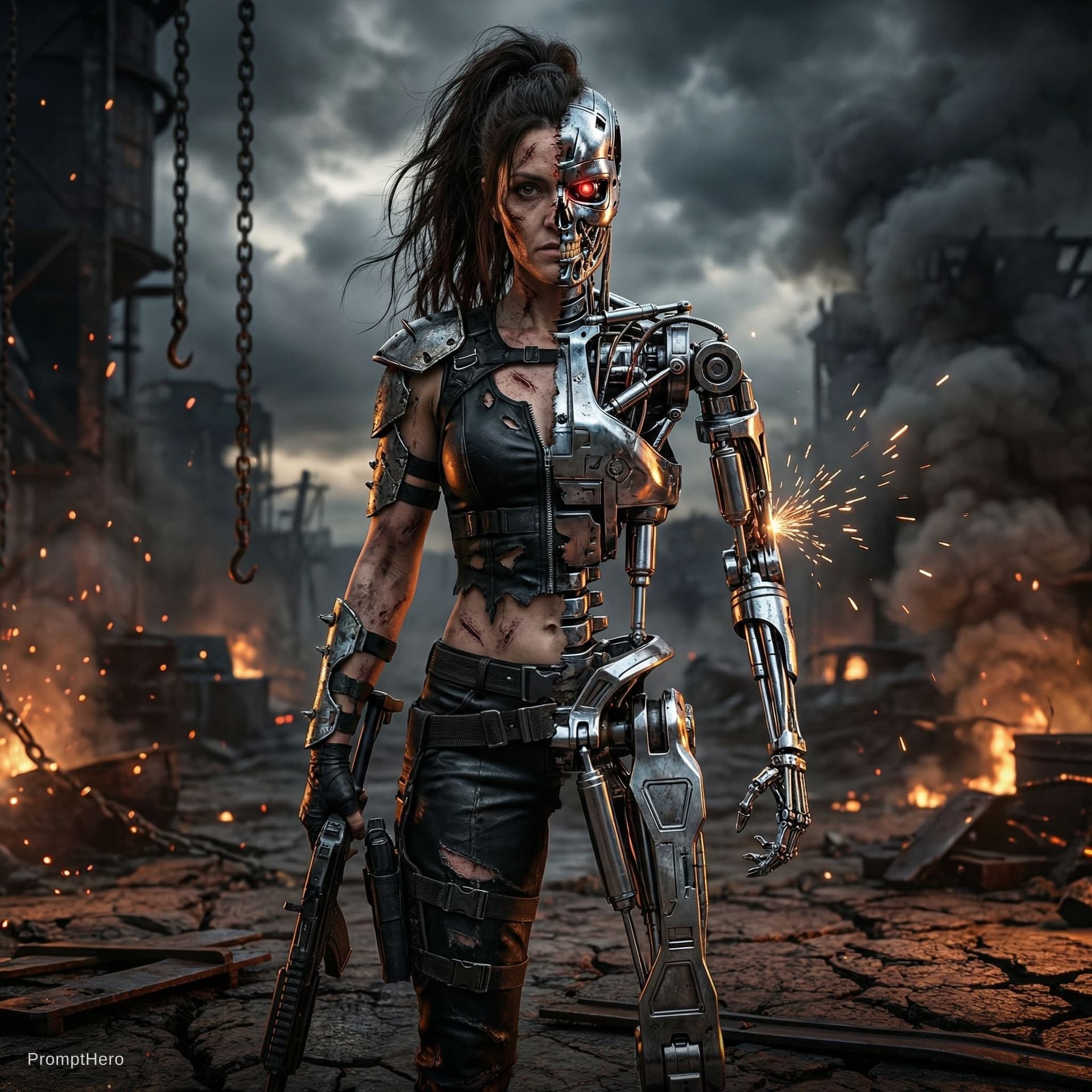 AI generated: Full-body cinematic shot of a battle-damaged female cyborg standing in a scorched wasteland. Her bod...