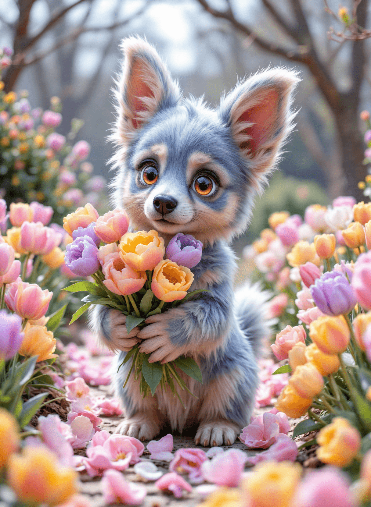 AI generated: The image depicts a cute, animated dog ((Pixar Style)) standing on a path covered with colorful flow...