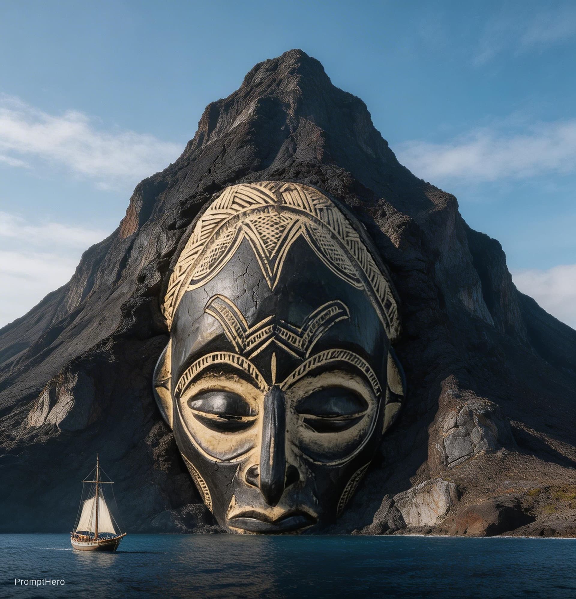 AI generated: a massive ancient african tribal mask carved into a volcanic mountain, seen in daylight, clear sky w...