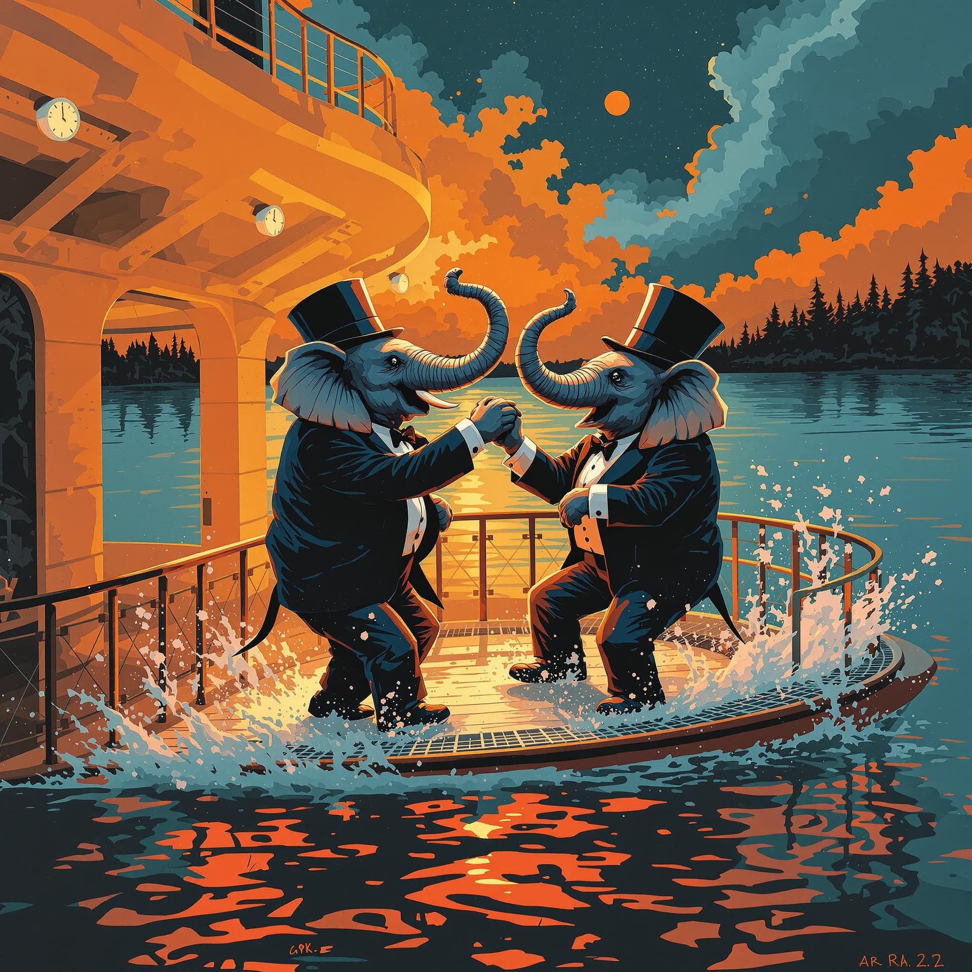 AI generated: Rolling on a riverboat, two elephants in tuxedos and top hats dancing on the deck,n the style of the...