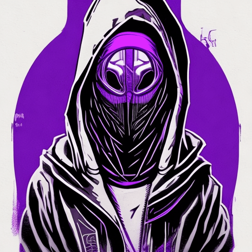 AI generated: hooded man, low light, cyberpunk tattoo designs , in the style of silkscreen, purple and blue, rolle...
