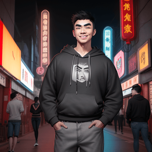 AI generated: A Chinese with shorts hair, handsome face, thick eyebrows, black brown eyes, smiling, wearing a gray...