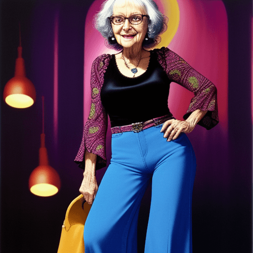AI generated: An old woman goes to a disco with bell bottoms and a matching top at night. 