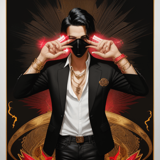 AI generated: a poster depicting a young man with black hair using a black blazer, white shirt, black pants and re...