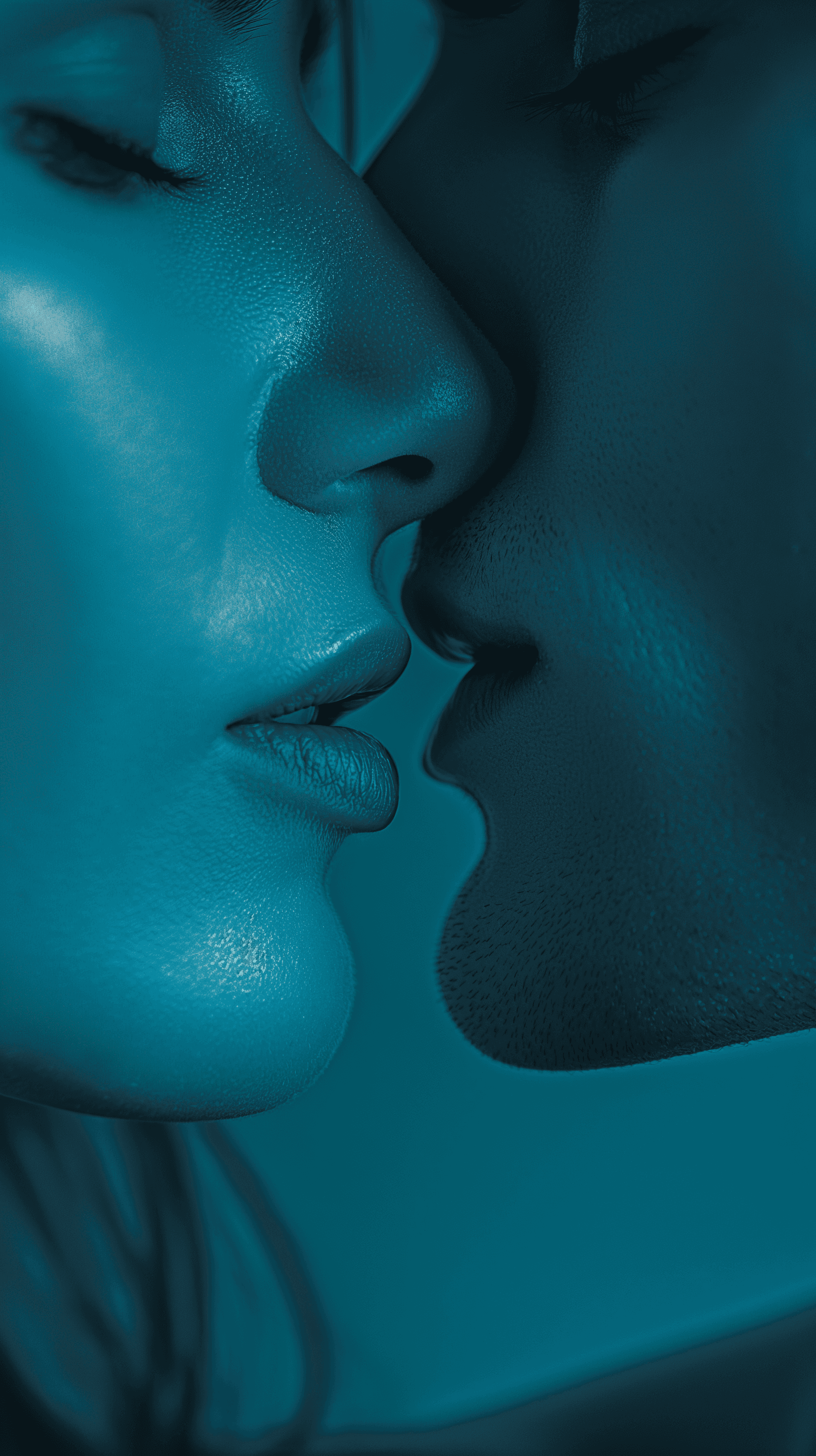 AI generated: photography, intimate solid cyan photograph of two individuals close together, focusing on the point...