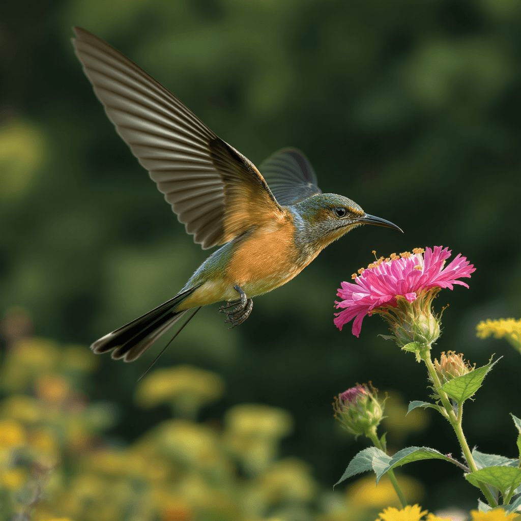 AI generated: colibri flying near a flower, masterpiece, dynamic pose, side view, forest background, natural light...