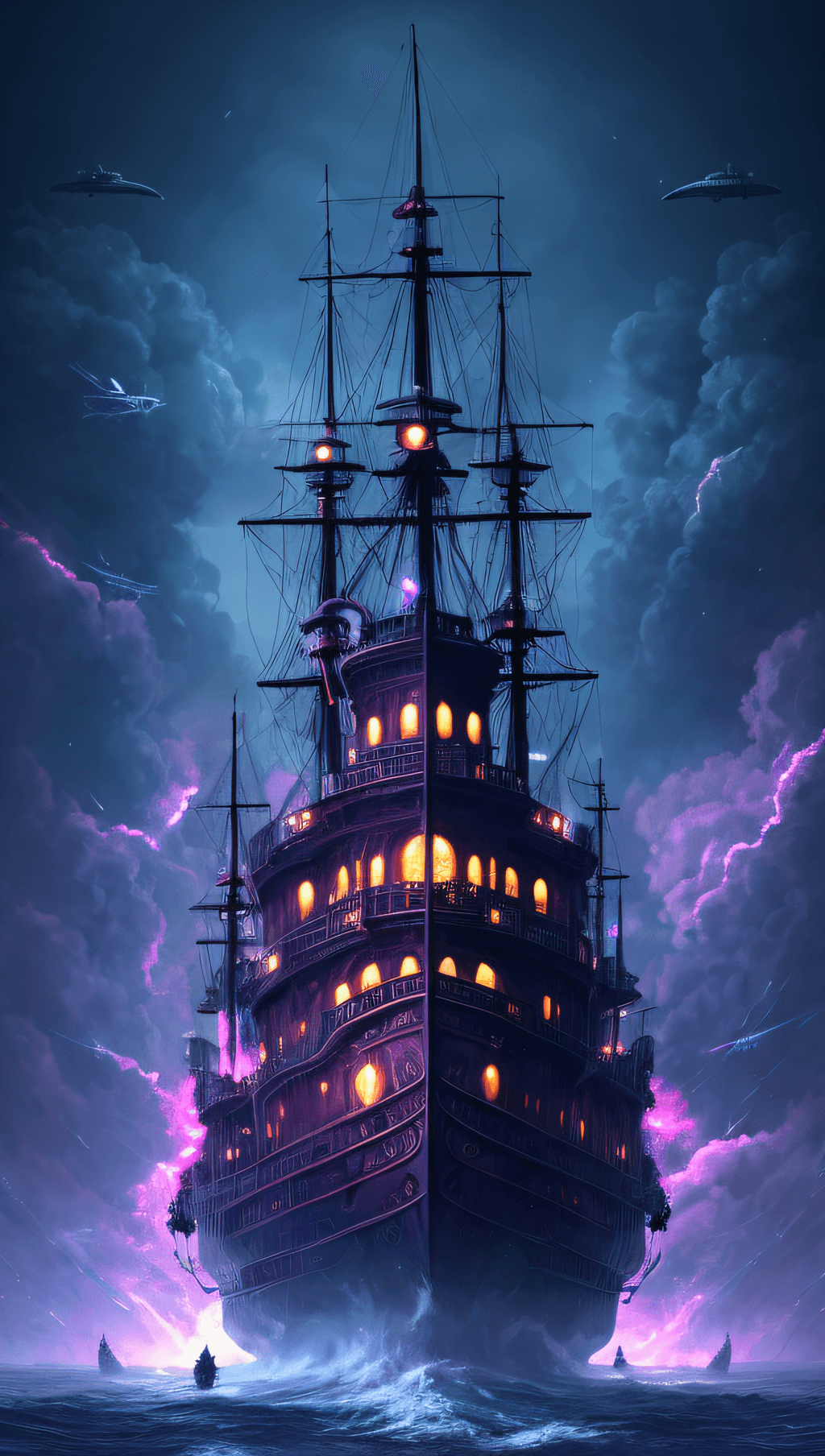 AI generated: Ultra resolution 8K Illustration of a ghost ship might night, phantoms flying surround, scared, nigh...