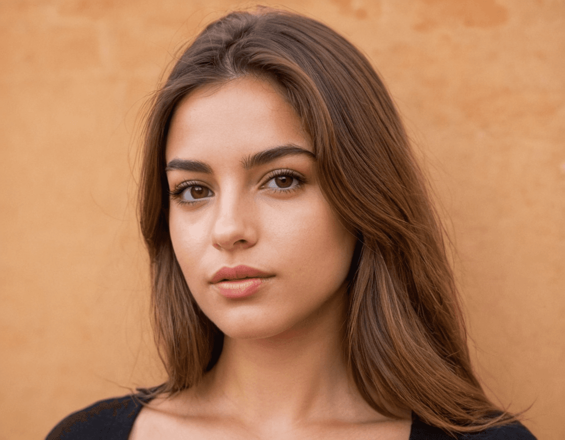 AI generated:  wearing an off-shoulder oversized brown knit sweater. She gazes softly toward the camera, slightly ...