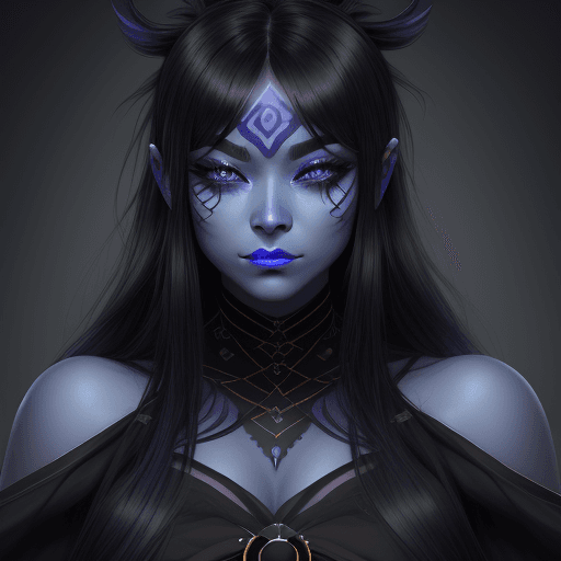 AI generated: A woman with blue skin, black facemask, long black hair, purple iris, black eyebrows, bangs, long ey...