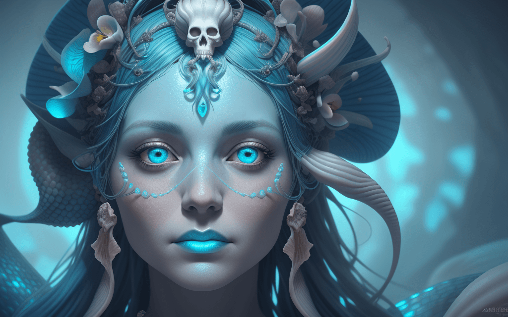 AI generated: Goddess portrait close-up ribcagel. mermaid head, nautilus, orchid, skull, blue hair, bioluminescent...