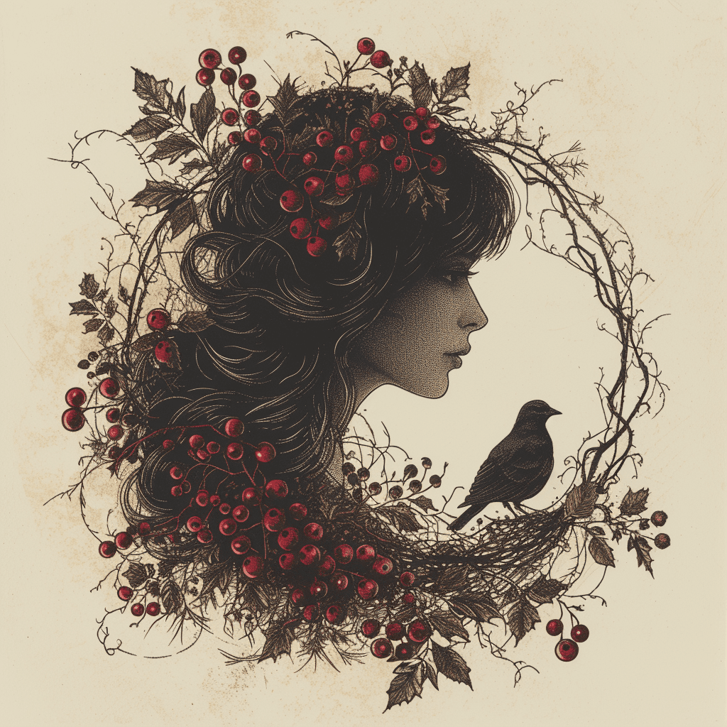 AI generated: grunge, gothic, lace, ink strokes, grace, lots of detail, dove, bunches of rowanberries, girl, silho...