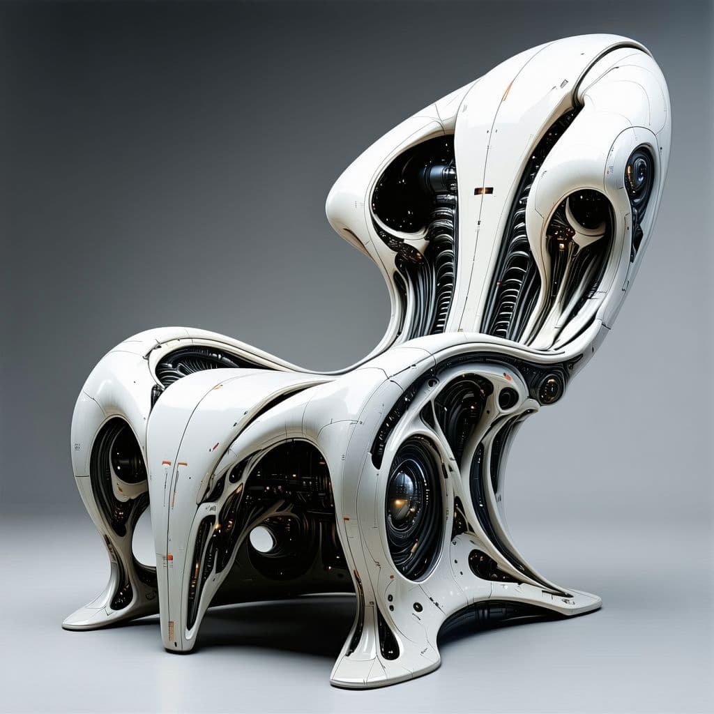 AI generated: dreamscape huge HR Giger style chair, concept furniture, painting on grey, hyper realistic, illustra...