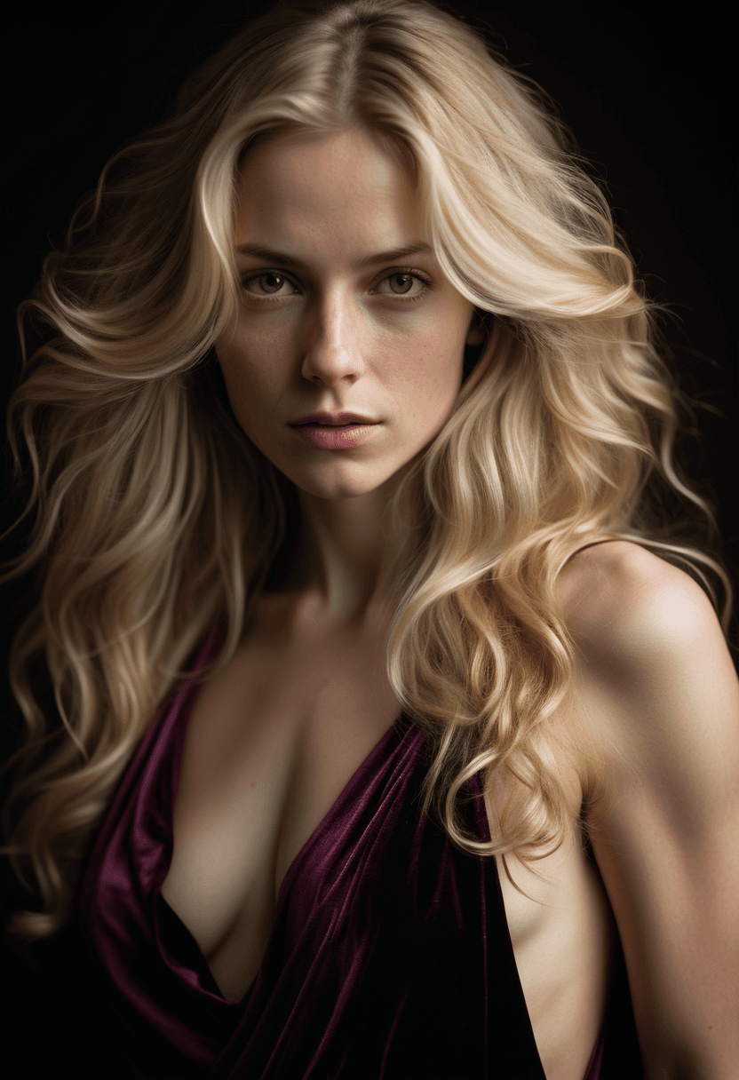 AI generated: This is a professional photograph of a beautiful, sensual woman with long, flowing, blonde hair. The...