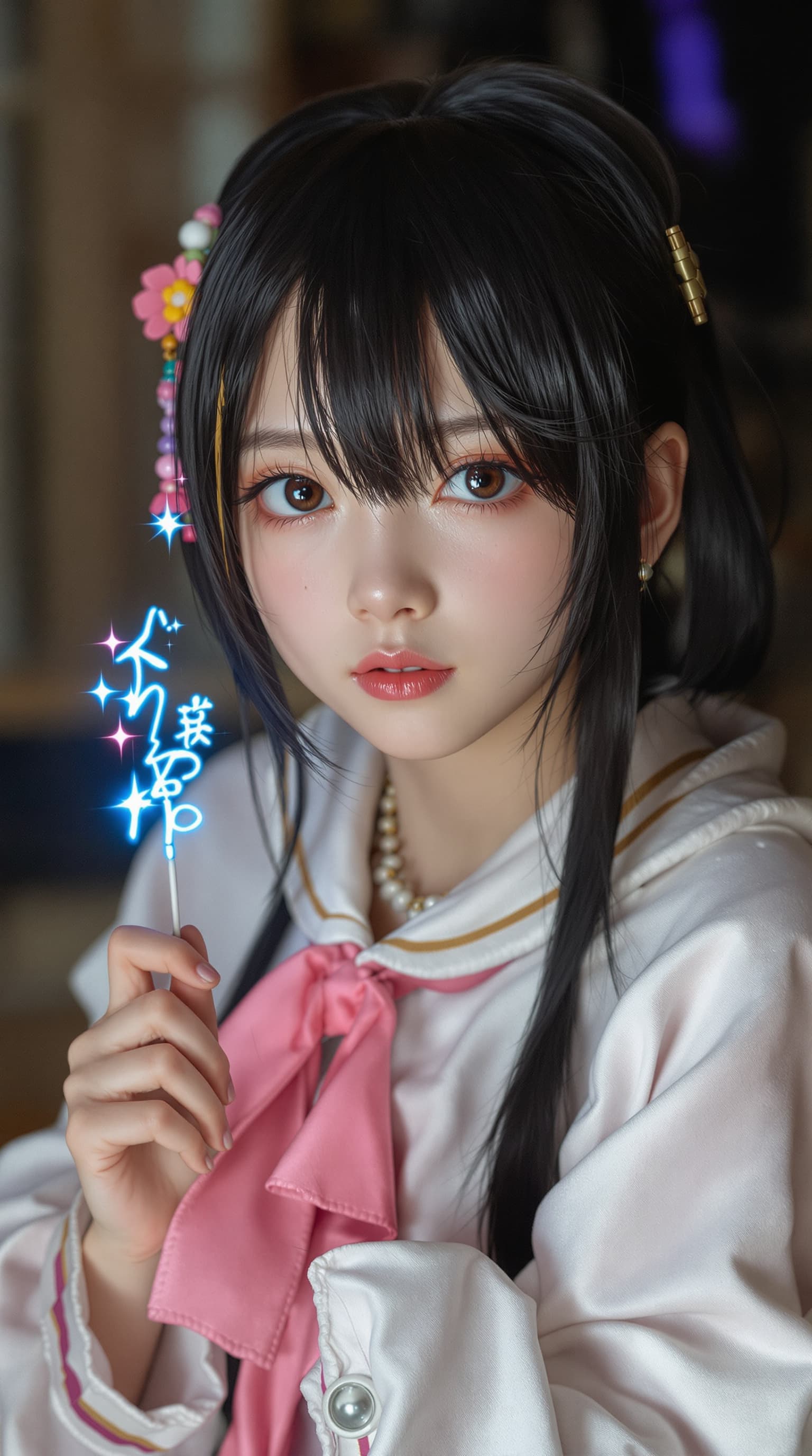 AI generated: A hyper-realistic depiction of thirteen year old cosplayer as Mashiro Mitsumine




















...