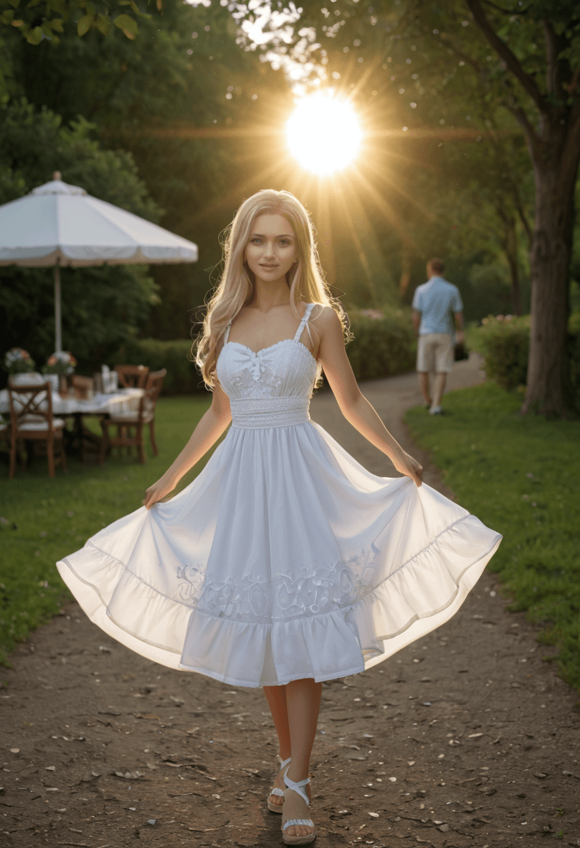AI generated: Fairy tale Cute 18yo blonde girl,wearing a sun dress at an outdoor party