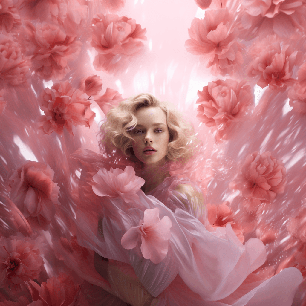 AI generated: Photo of a beautiful blondy girl in a pink dress posing for a picture, inspired by Lillian Bassman, ...