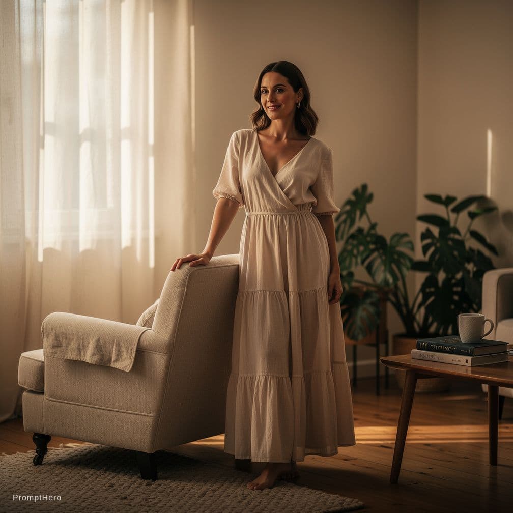 AI generated: She wants Remove her dress with a pleasant moody feel and touching her breasts



